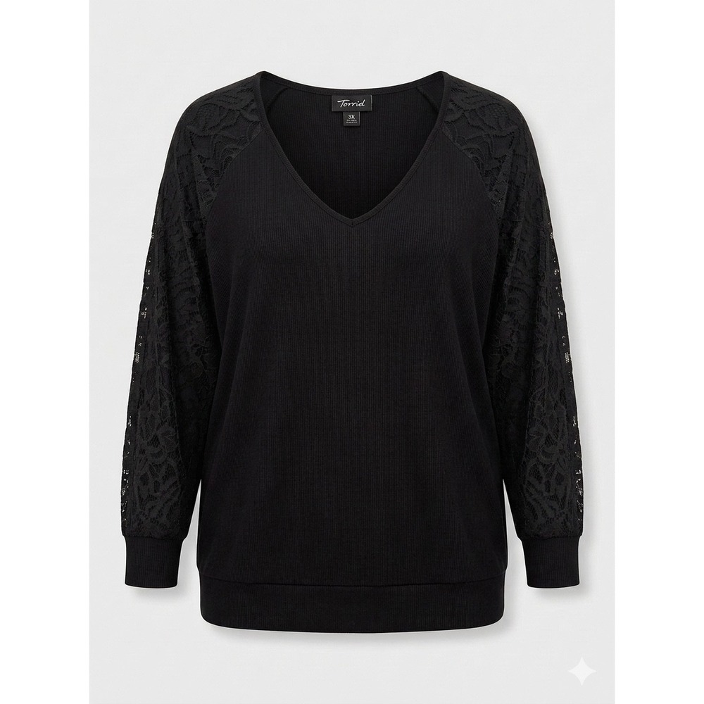 Torrid Lace Sleeve Top Womens 3X Black‎ V-Neck Ribbed Knit CorporateGoth SoftAlt